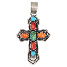 June Delgarito Navajo Sterling Silver Multi-Stone Cross Pendant