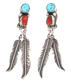 Vintage Navajo Sterling Turquoise & Coral Feather Dangle Earrings