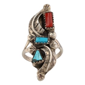 Amy Locaspino Zuni Sterling Silver Turquoise & Coral Leaf Ring