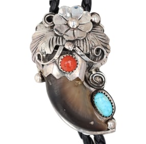 Navajo Jerry Thompson Coral Turquoise Bear Claw Bolo Tie