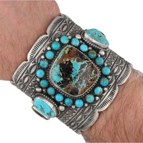 Huge Navajo Tillie Jon Sterling Silver Mixed Turquoise Cuff Bracelet