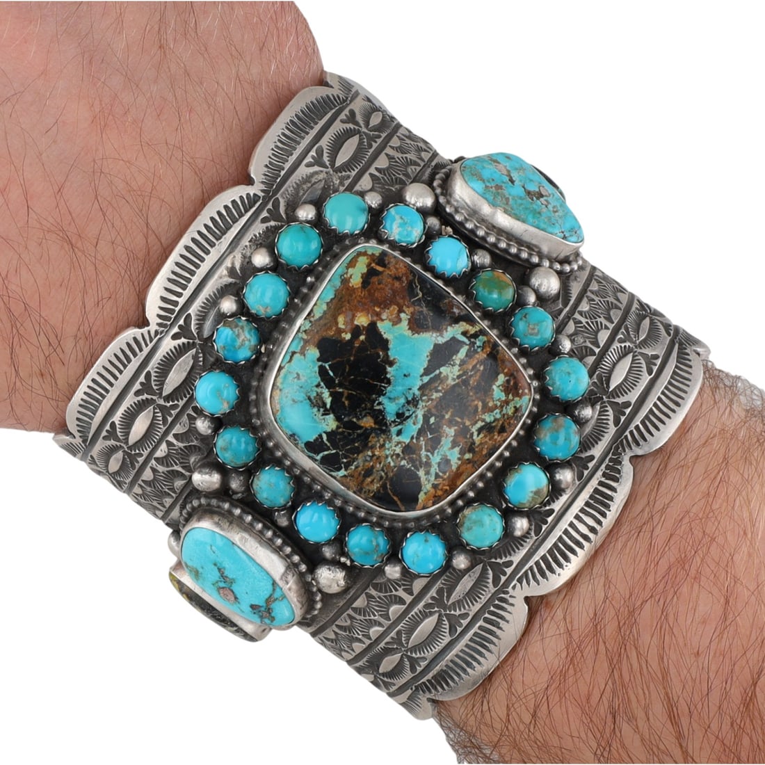 Huge Navajo Tillie Jon Sterling Silver Mixed Turquoise Cuff Bracelet (1 of 10)