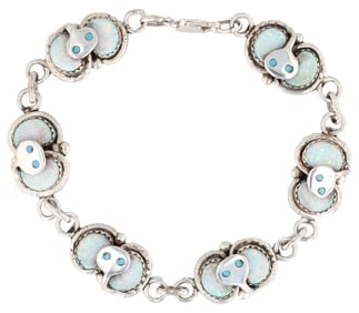 Gayla Calavaza Zuni Silver and Synthetic Opal Inlay Snake Bracelet