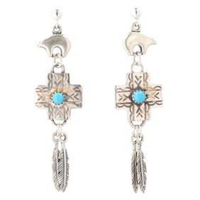 Signed AJM Navajo Sterling Silver Turquoise Bear and Cross Dangle Earrings