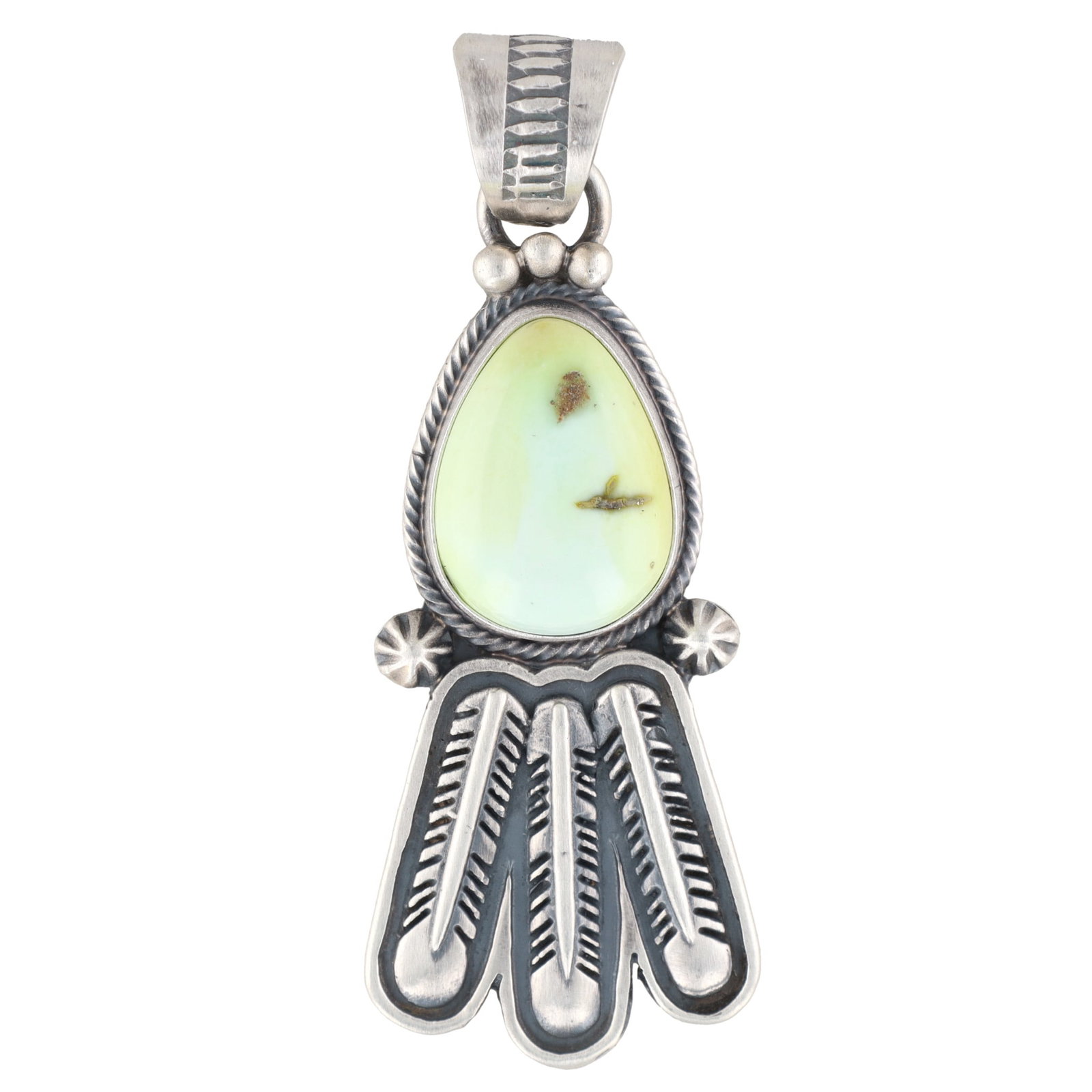 Marita Benally Navajo Palomino Stone Sterling Silver Pendant: A Navajo sterling silver pendant featuring a Palomino stone by Marita Benally. This piece is crafted from a silver-toned metal, with a central bezel-set teardrop-shaped opaque light green cabochon exh