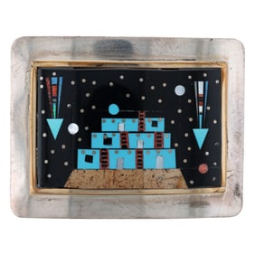 A Navajo Sterling Silver Multi-Stone Inlay Belt Buckle by Betty Bitsie and Lester James, 'Pueblo