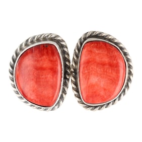 Navajo Elouise Kee Sterling Silver and Spiny Oyster Earrings