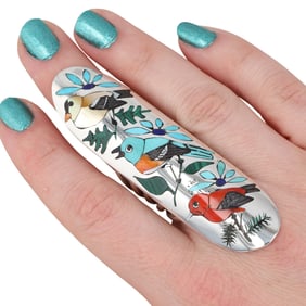 Quinton Quam Sr. Zuni Sterling Silver Multi-Stone Inlay Bird Ring