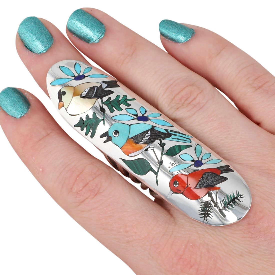 Quinton Quam Sr. Zuni Sterling Silver Multi-Stone Inlay Bird Ring (1 of 8)