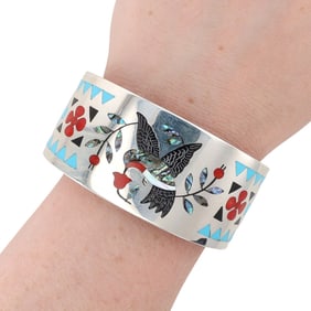 Zuni Dennis and Nancy Edaakie Sterling Hummingbird Inlay Cuff Bracelet
