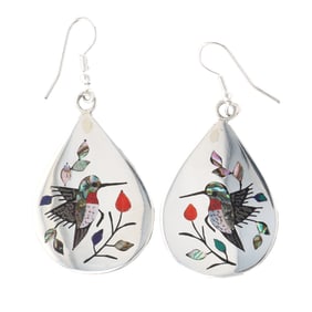Raymond Boyd Zuni Sterling Multi Stone Inlay Hummingbird Drop Earrings