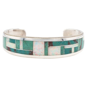 Reginda B. Zuni Sterling Silver Turquoise and Opal Inlay Cuff Bracelet