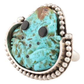 Beautiful Zuni Fetish Frog Turquoise Mountain Turquoise Sterling Silver Ring