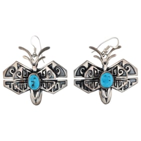 A Pair of Randy Boyd Navajo Sterling Silver and Kingman Turquoise Butterfly Dangle Earrings
