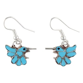 Zuni Sterling Silver Turquoise Inlay Hummingbird Drop Earrings by India Natewa