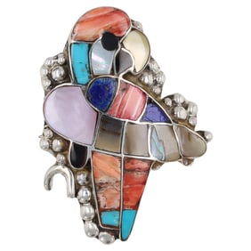 Loretta Gia Zuni Sterling Silver Inlay Parrot Brooch/Pendant