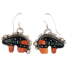 Ray Jack Navajo Sterling Silver Multi-Stone Inlay Bear Earrings