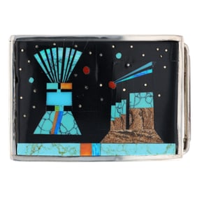 A Gilbert Smith Navajo Sterling Silver and Multi-Stone Micro Inlay Belt Buckle