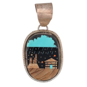 Richard Bitsie & Wilson Dawes Navajo Inlay Sterling Silver Landscape Pendant
