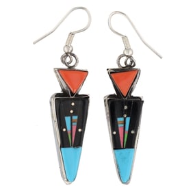 Gilbert Smith Navajo Handmade Sterling Silver Multi-Stone Inlay Drop Earrings