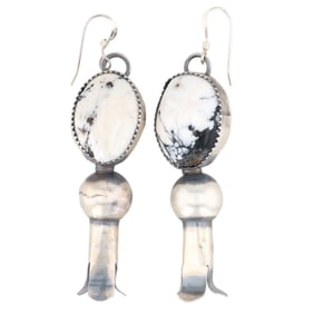 Tia Long Navajo Sterling Silver White Buffalo Squash Blossom Earrings