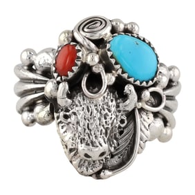 Jeanette Saunders Navajo Sterling Turquoise Coral Bison Head Ring