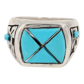 Zuni Claudine Haloo Men's Turquoise 'X' Channel Inlay Sterling Silver Ring
