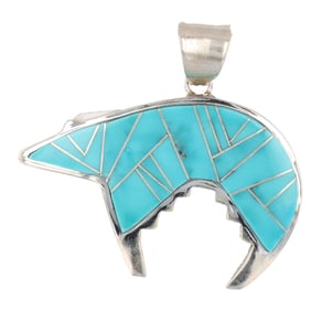 A Navajo Sterling Silver and Turquoise Inlay Bear Pendant by Evangie David