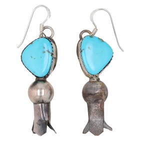 Tia Long Navajo Squash Blossom Kingman Turquoise Earrings