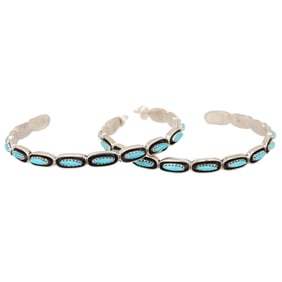 Marlon Quam Zuni Handmade Sterling Silver Kingman Turquoise Hoop Earrings