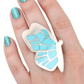 Gerard Burns Sr. Zuni Native American Sterling Silver Turquoise Inlay Butterfly Ring