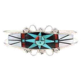 Zuni Sterling Silver Sunface Inlay Cuff Bracelet by Ola Eriacho