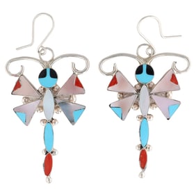 Alison Dishta Zuni Inlay Sterling Silver Dragonfly Earrings