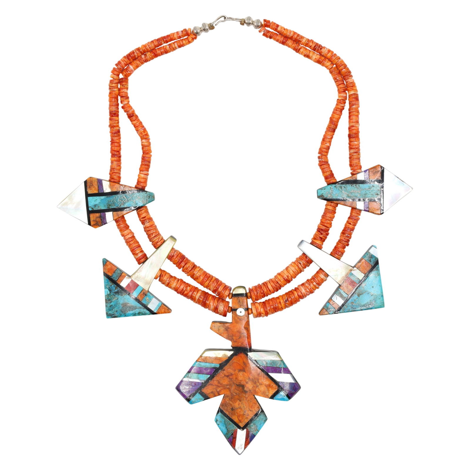 Santo Domingo Pueblo Mosaic Inlay and Spiny Oyster Heishi Bead Necklace by Torevia Crespin (1 of 6)