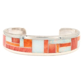 Rickell & Glendora Booqa Zuni Sterling Spiny Opal Inlay Cuff