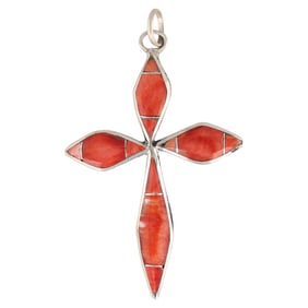 James Kee Zuni Sterling and Spiny Oyster Inlaid Cross Pendant