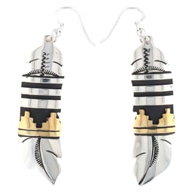 Navajo T&R Singer Sterling Silver and 14K Gold Feather Dangle Earrings