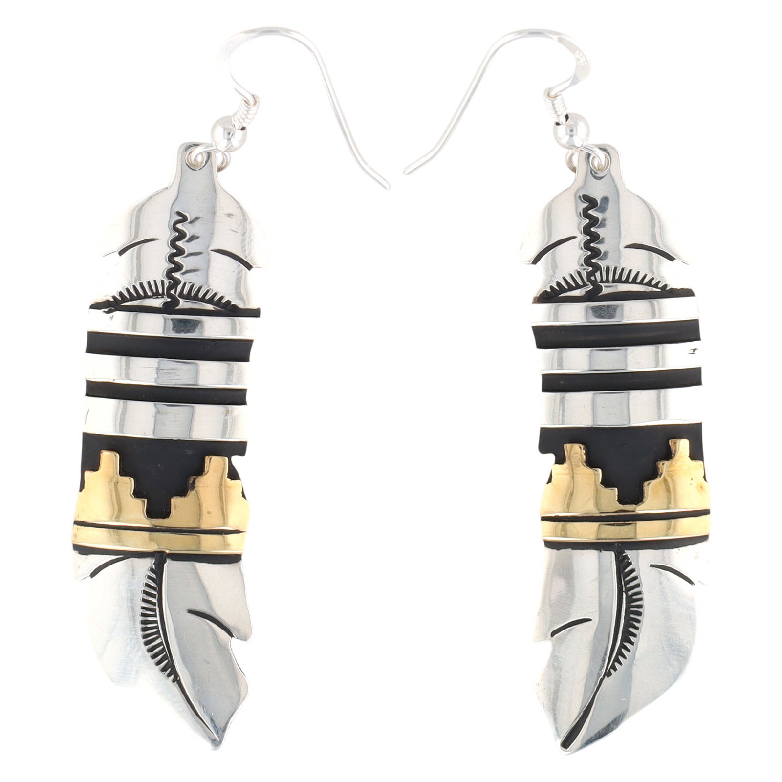 Navajo T&R Singer Sterling Silver and 14K Gold Feather Dangle Earrings (1 of 4)