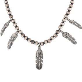 Lorenzo James Sterling Navajo Pearls Feather Pendant Necklace