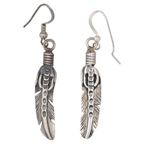 Lorenzo James Navajo Sterling Feather Dangle Earrings