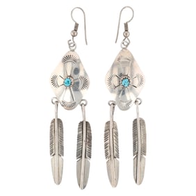 Navajo Sterling Silver Turquoise Concho Feather Dangle Earrings