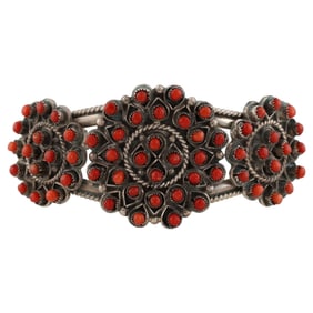 Wayne Johnson Jr. Zuni Sterling Silver Mediterranean Coral Cluster Cuff Bracelet