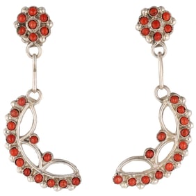 Delores Penia Zuni Sterling Snake Eye Coral Dangle Earrings