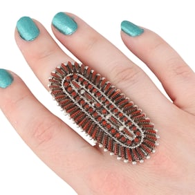 Shirley Lahi Zuni Coral and Sterling Silver Cluster Ring