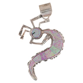 Navajo Sterling Silver and Opal Inlay Kokopelli Lizard Pendant