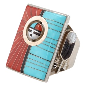 Zuni Don Dewa Sterling Silver Sunface Inlay Spinner Ring