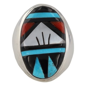 Leslie & Gladys Lamy Zuni Sterling Silver Multi-Stone Inlay Ring