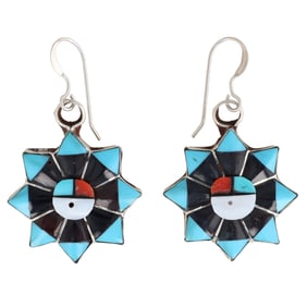 Zuni Multi Stone Sunface Sterling Silver Dangle Earrings by Clayton Vacit