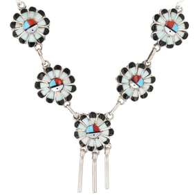 Pauline Lonjose Zuni Sterling Silver Inlaid Sunface Necklace