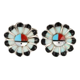 Pauline Lonjose Zuni Sunface Multi-Stone Inlay Sterling Silver Stud Earrings